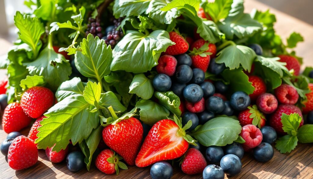 leafy greens and berries